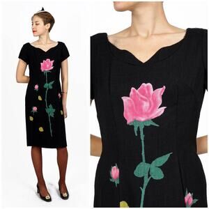 Vintage 50s/60s Black Linen Wiggle Dress w Scallop Slit & Rose Floral Print |S/M